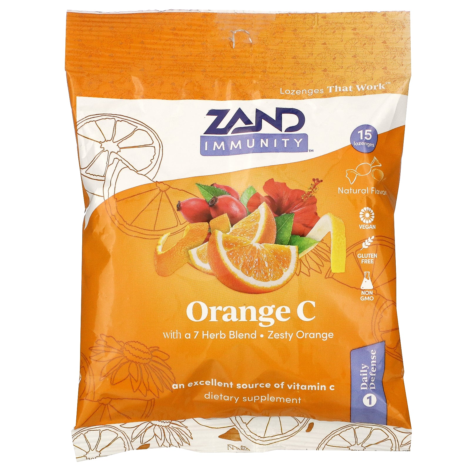 Zand, Immunity, Orange C, Zesty Orange, 15 Lozenges UPC 041954000128 | HiLife Vitamins